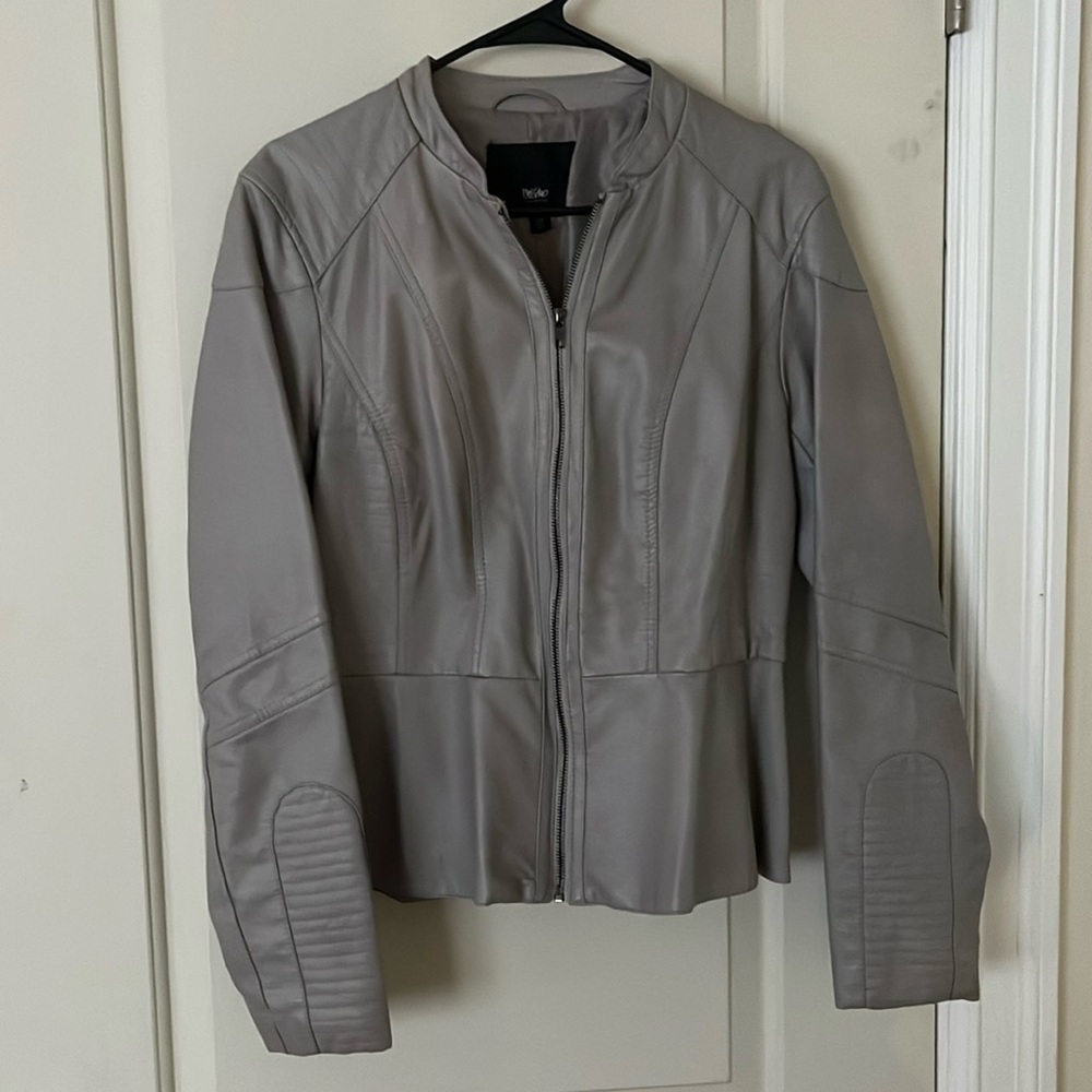 Gray peplum leather jacket.